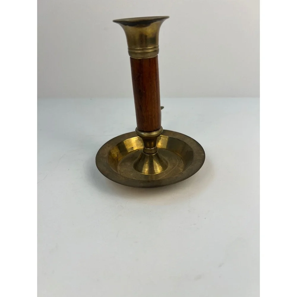 Vintage Brass Wood Candlestick Holders Finger Ring 4.25